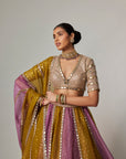 Green Multicolor Sequin Scatter Lehenga With V Neck Elbow Sleeve Blouse