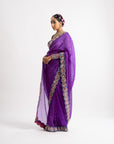 Purple Hand Cut Mirror Border Saree Set