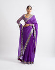 Purple Hand Cut Mirror Border Saree Set