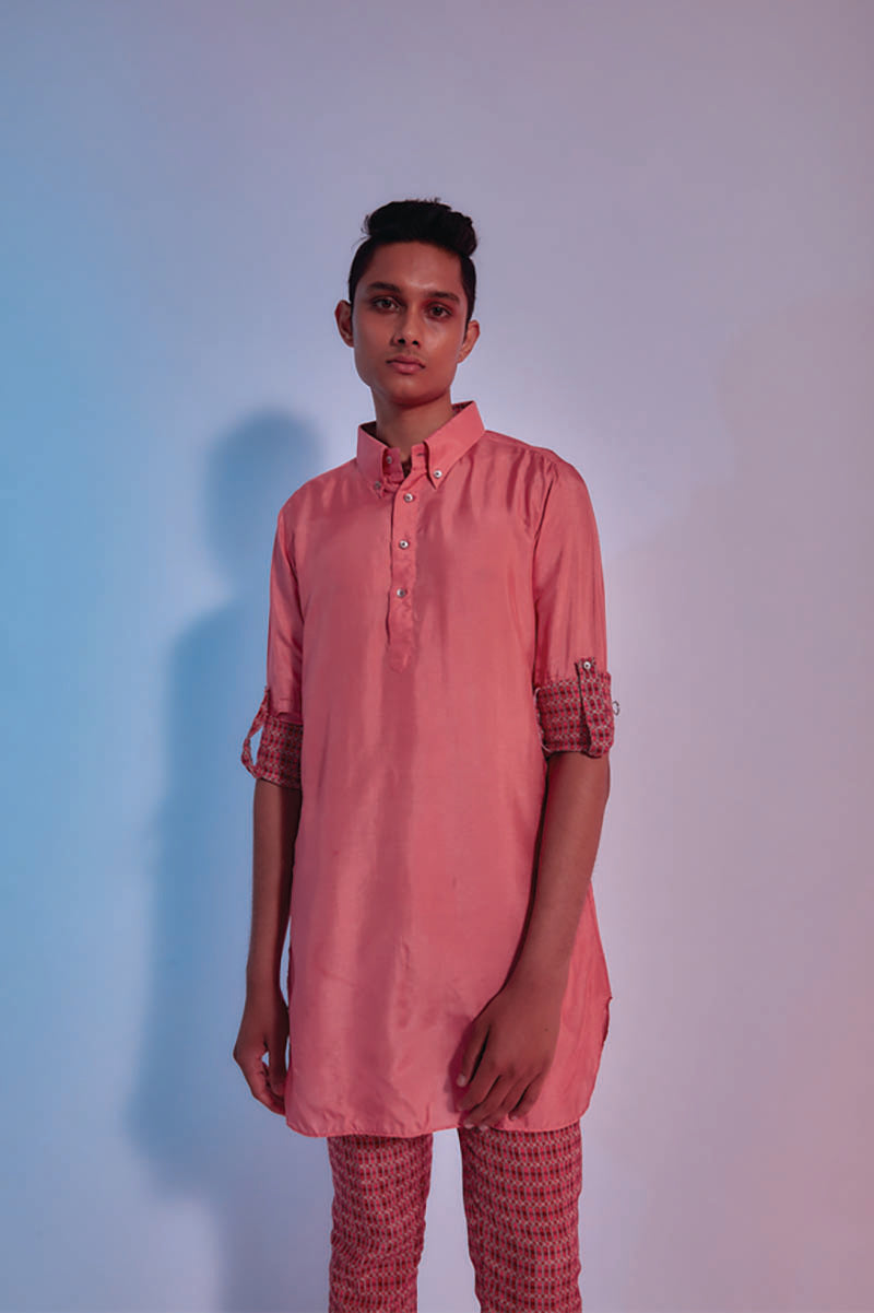 light coral shirt style kurta with lattice printed rolled up sleeves