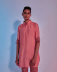 light coral shirt style kurta with lattice printed rolled up sleeves