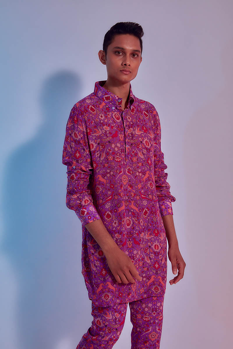purple saanjh floral printed shirt style kurta