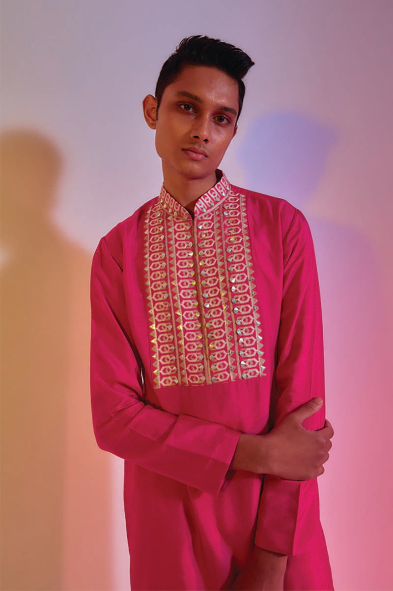 kurta with embroidered yoke with pleated pants