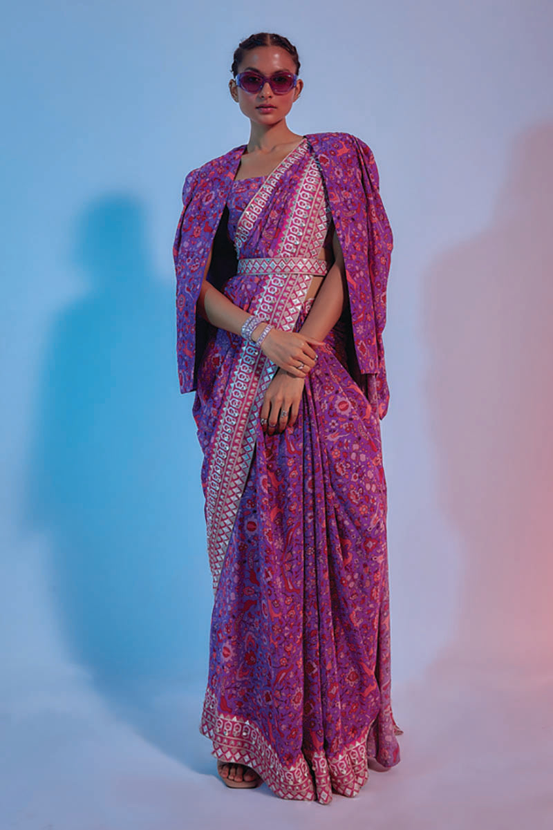 printed saree with bustier and jacket