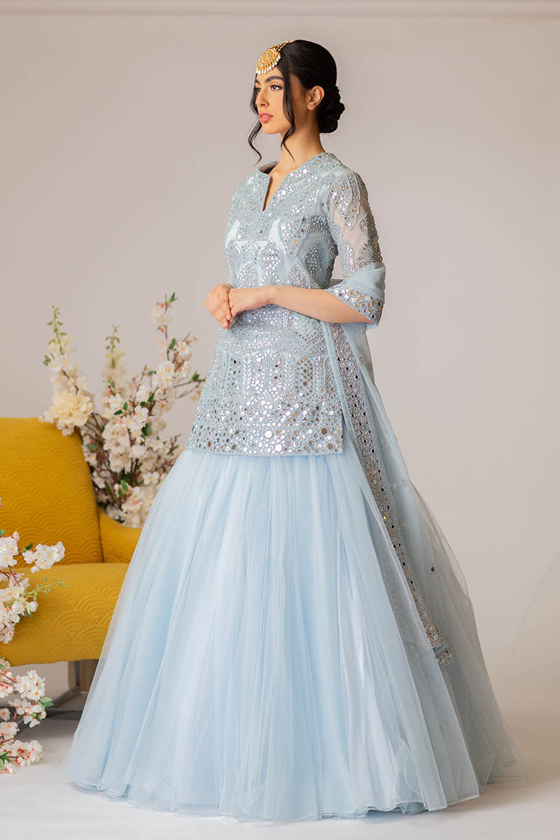 Blue Embroidered Long Top Lehenga Set- Ready To Ship