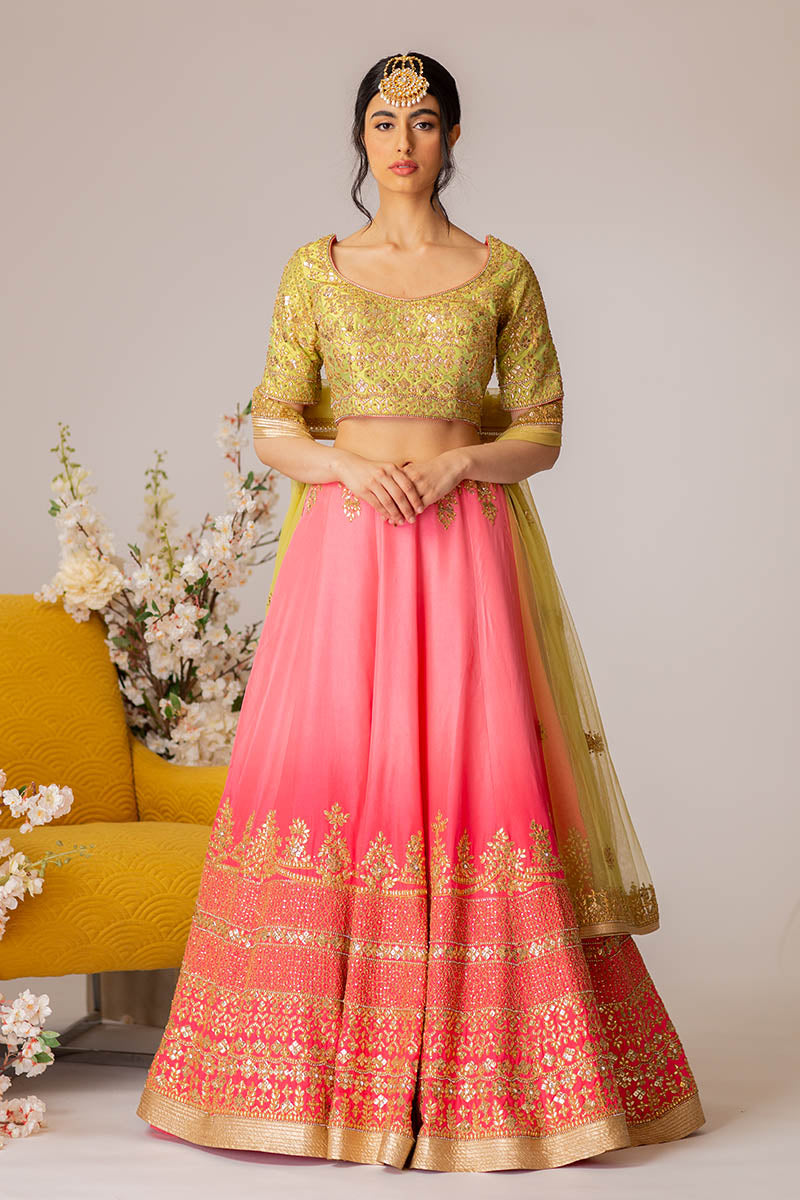 Lime Green &amp; Hot Pink Embroidered Lehenga Set- Ready To Ship