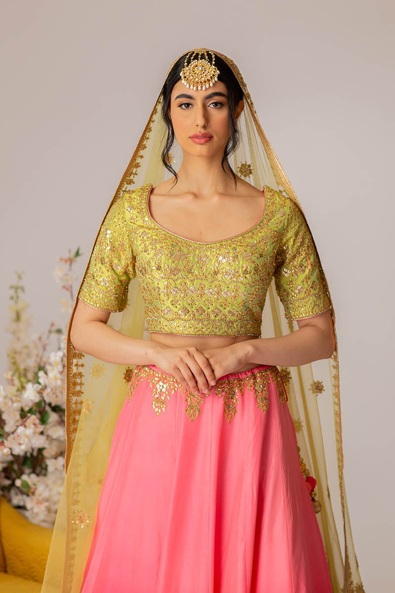 Lime Green &amp; Hot Pink Embroidered Lehenga Set- Ready To Ship