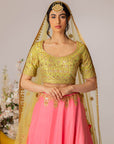 Lime Green & Hot Pink Embroidered Lehenga Set- Ready To Ship