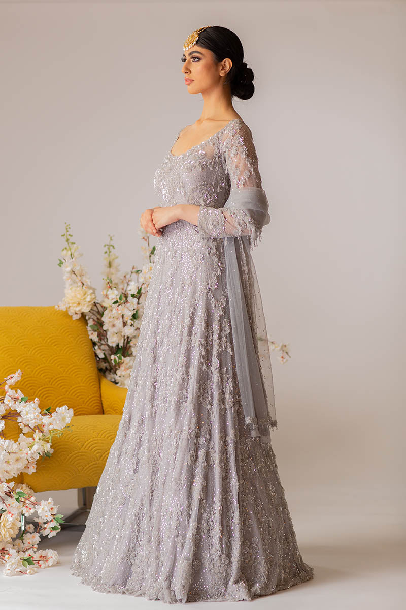 Grey Gown Set With Detachable Train