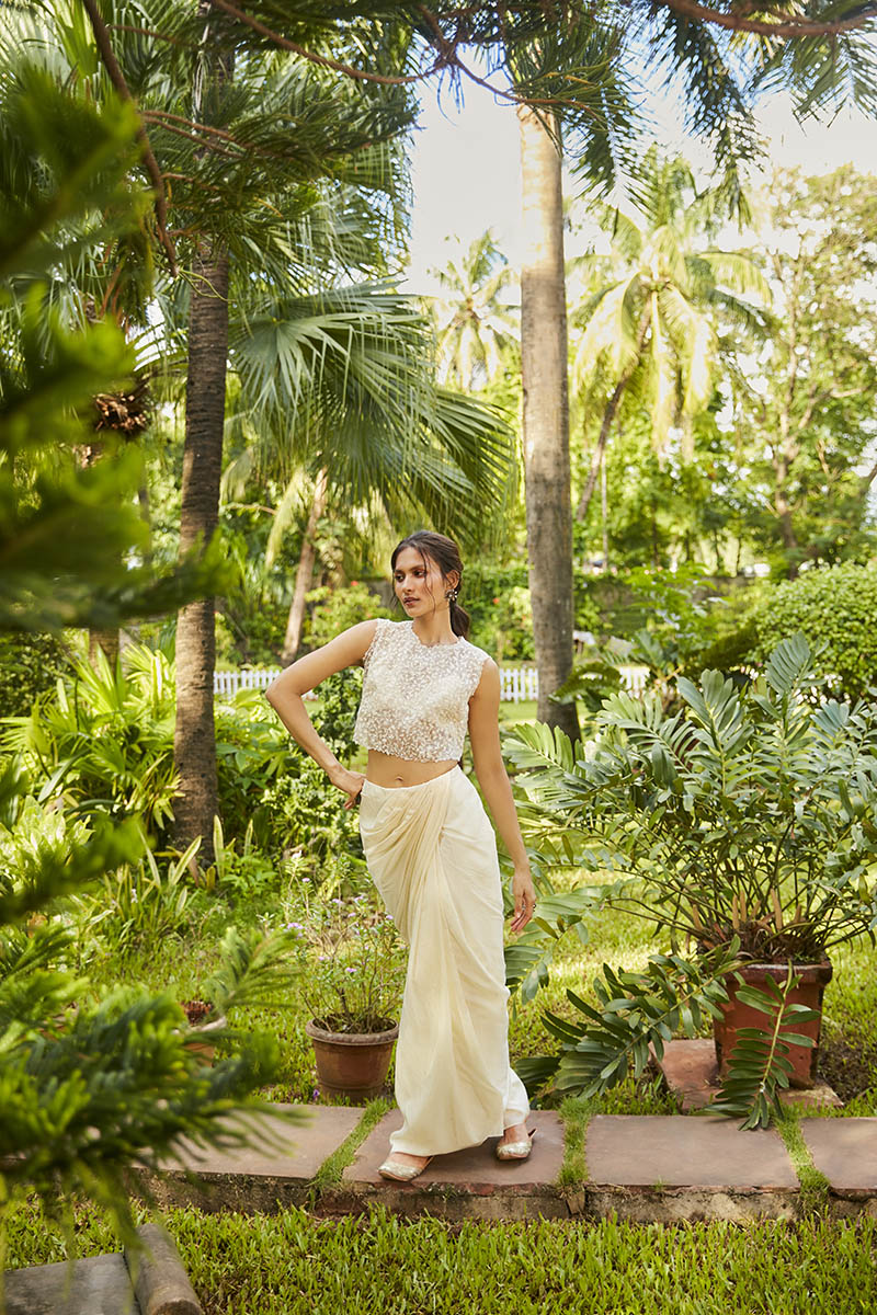 Beige Saree Style Skirt With Bustier And Organza Crop Top