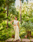Beige Saree Style Skirt With Bustier And Organza Crop Top