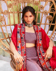 Blue Geo Rasa Print  Sharara With Blue Geo Print Rasa  Bustier And Solid Red Cape With Patchwork Print Border