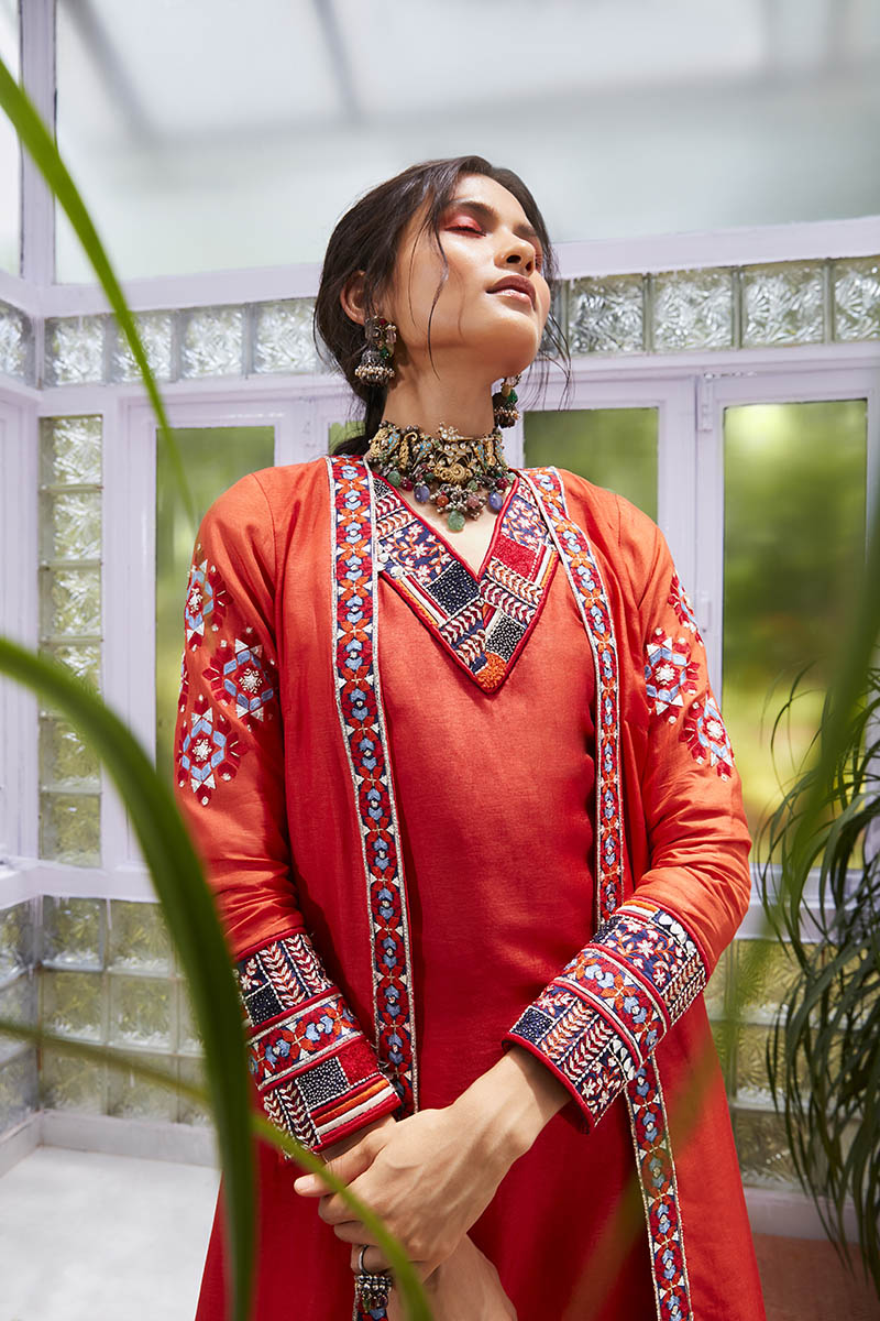 Orange Embroidered Open Jacket With Inner And Pants
