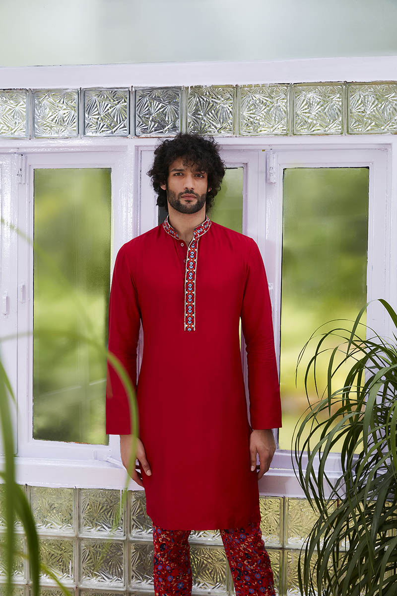 Solid Kurta With Embroidered Collar And Kurta Patti With Red Pants