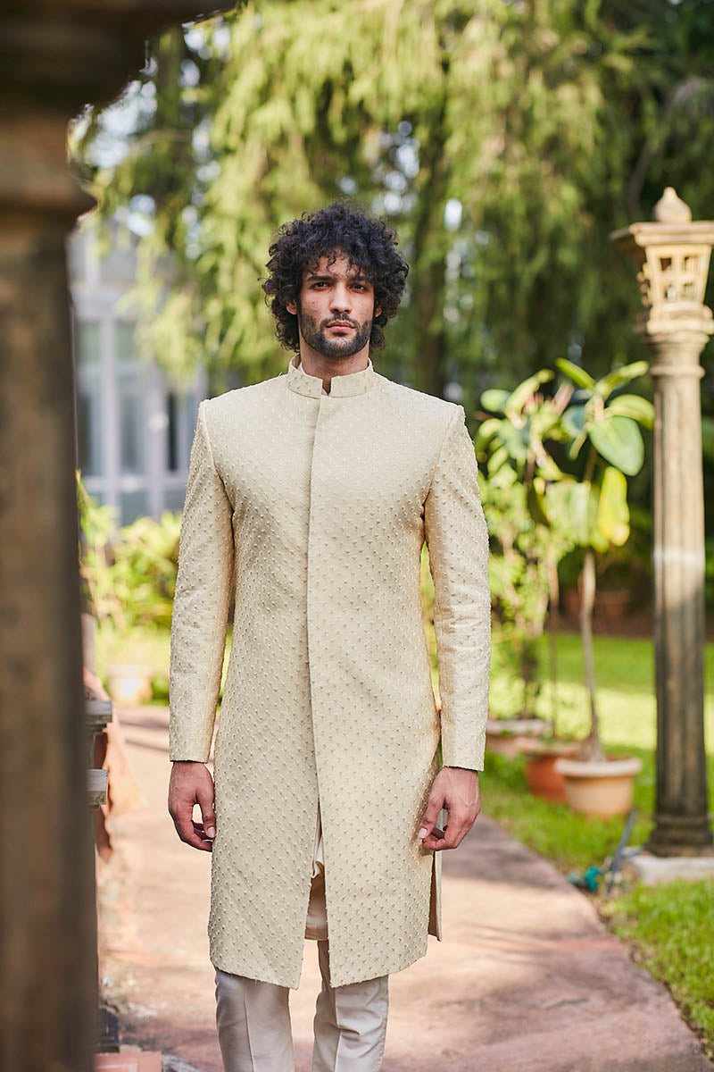 Beige Sherwani With Self Flower Butti And Pants