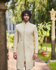 Beige Sherwani With Self Flower Butti And Pants