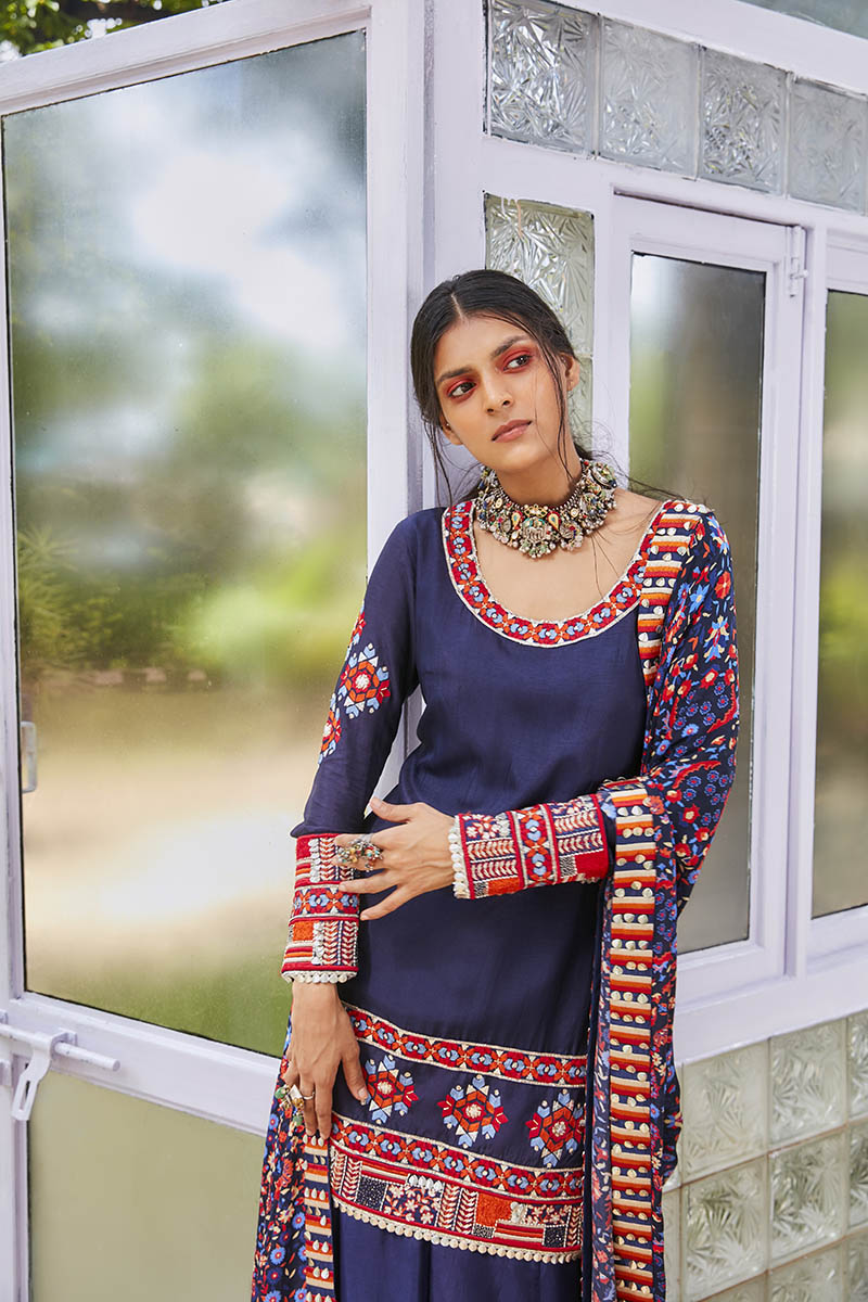 Blue Heavy Embroidered Kurta With Sharara And Blue Jaal Prit Bupatta