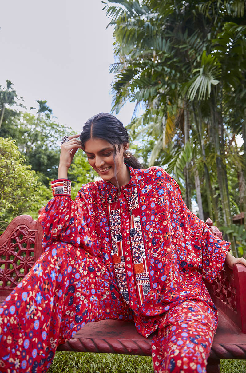 Red Rasa Jaal Oversized Shirt With Patchwork Emb And Pants
